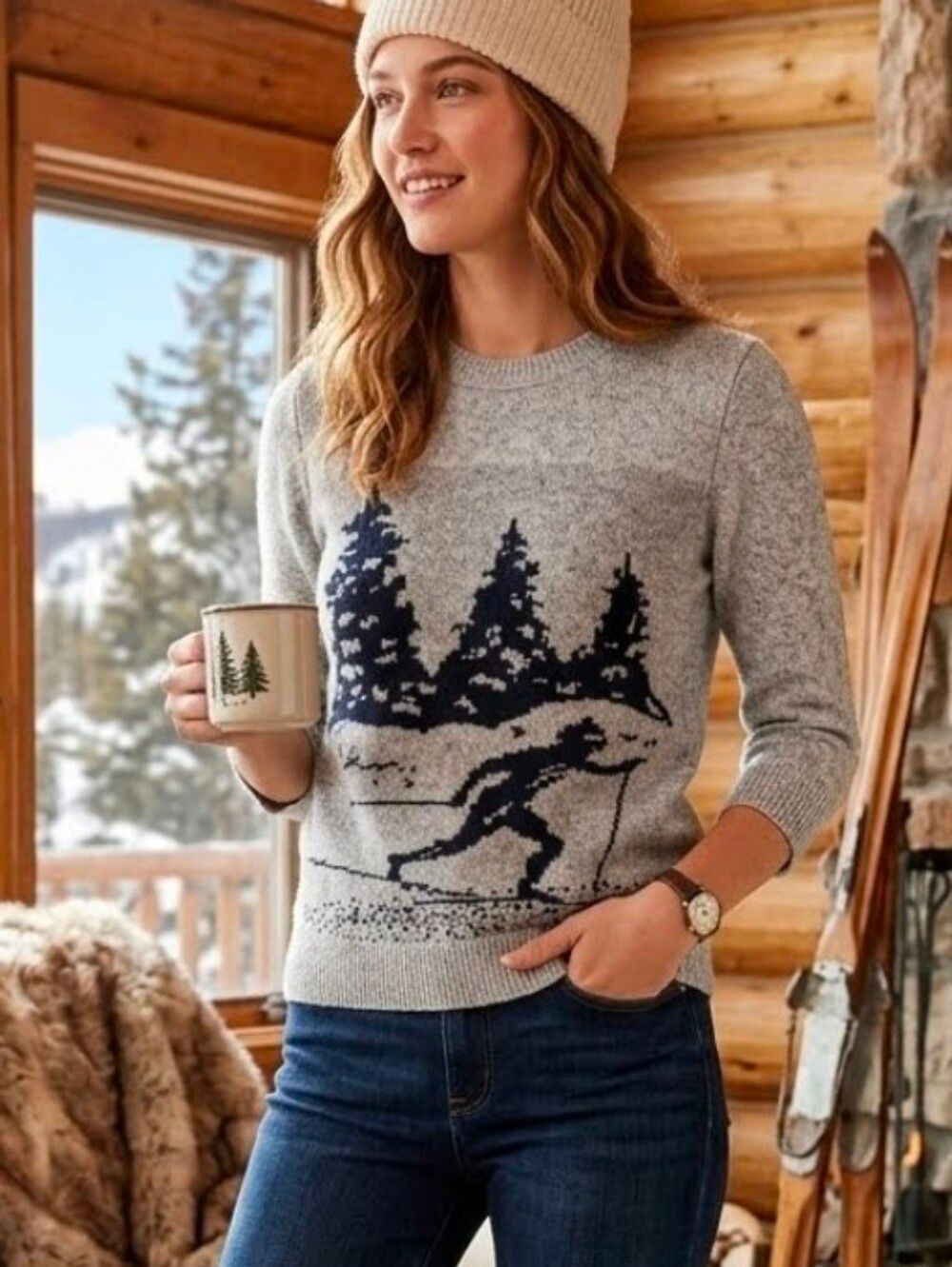 J.Crew M Gray Black 3/4 Slvs WOOL Blend Knitted Ski Print Women's Sweater